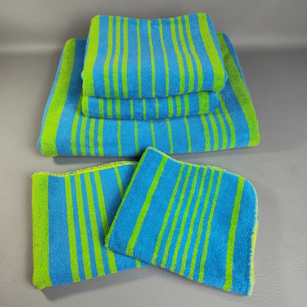 Vintage MCM Stevens Utica Fine Arts Collection 5pc. Towel Set Retro Blue & Lime